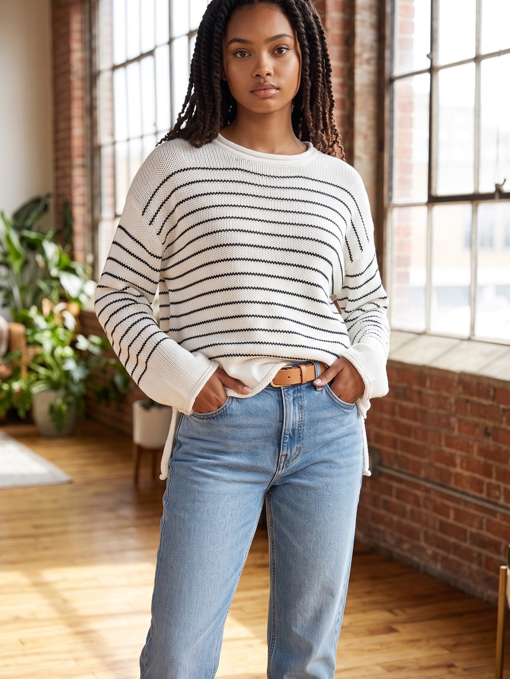 RD Style Cream Black Striped Open Knit Sweater Size L NWOT Free People Style